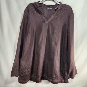 Valerie Stevens Women Size 1X Brown 100% Linen Embroidered Pullover Blouse Top